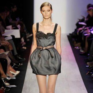 BCBGMaxAzria Charcoal Mini Dress with Brown Belt and Floral Detail